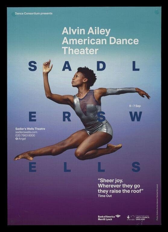 A dancer in mid-leap executes a grand jeté against a teal-to-purple gradient, arms raised expressively, bare feet extended.