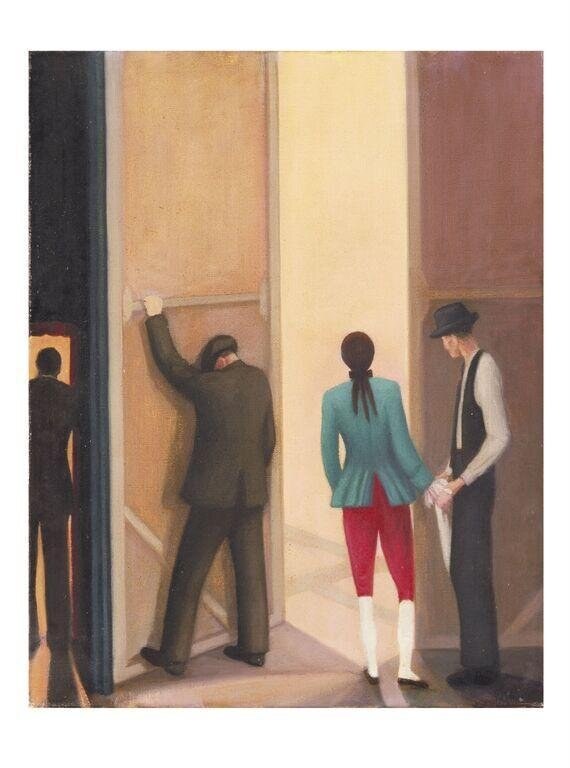 Five figures in a narrow cream-walled corridor, awaiting their cue. One man in a dark suit extends his arm upward in nervous anticipation.