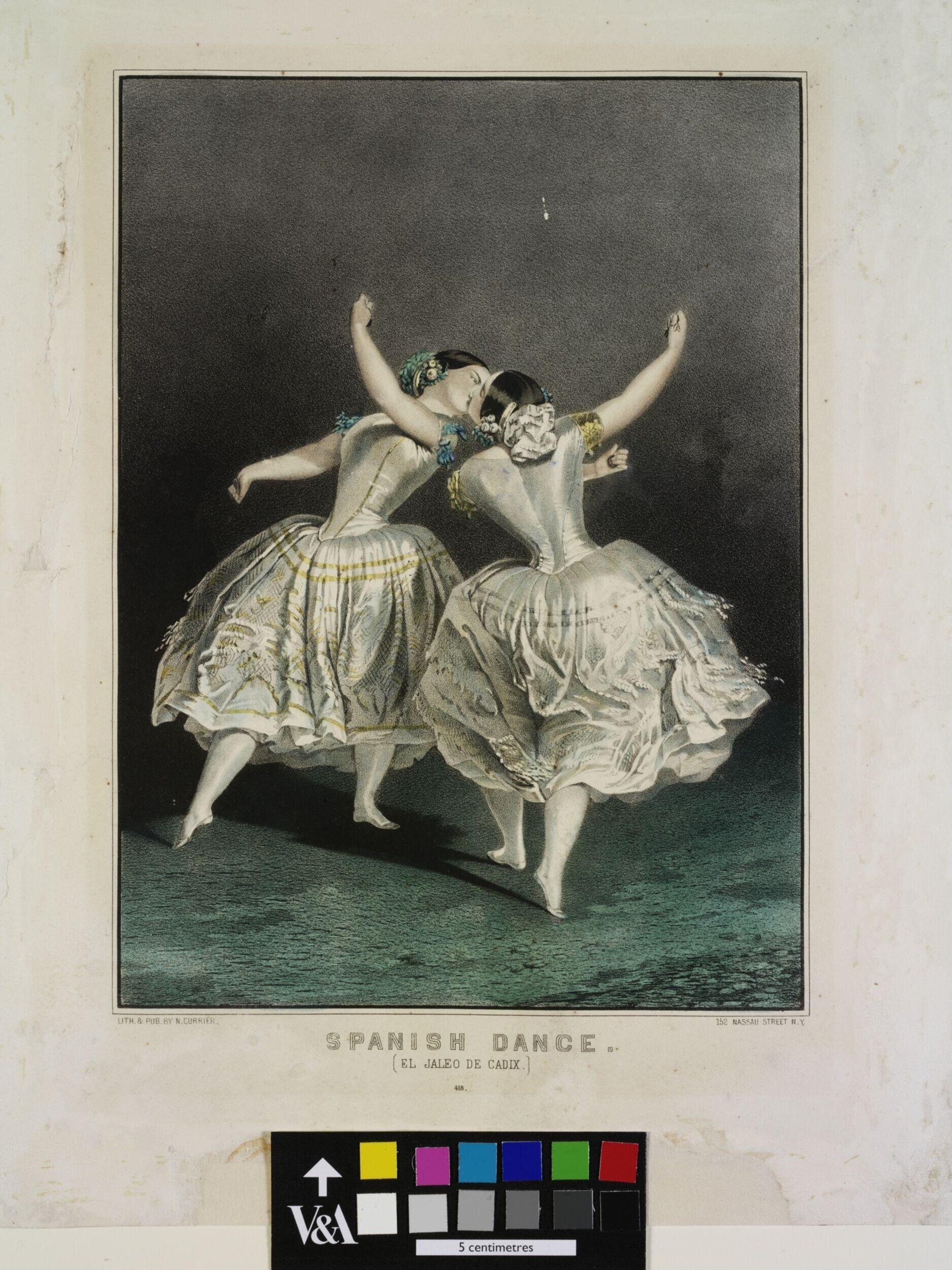 Two female dancers in symmetrical poses leap mid-air with raised arms, wearing billowing skirts against a dark background in a hand-colored engraving.