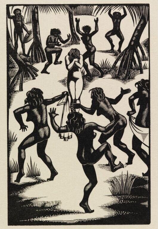 Woodcut of nude figures dancing in a jungle setting with raised arms and leaping poses around a central standing woman.