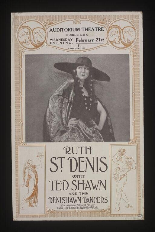 Theatrical poster for Ruth St. Denis and the Denishawn Dancers, Charlotte, February 21, 1923. St. Denis in exotic costume and hat.