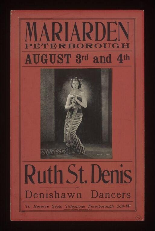 1923 theatrical poster featuring a studio photograph of Ruth St. Denis in an ornate costume with raised arms, promoting Denishawn Dancers performances in