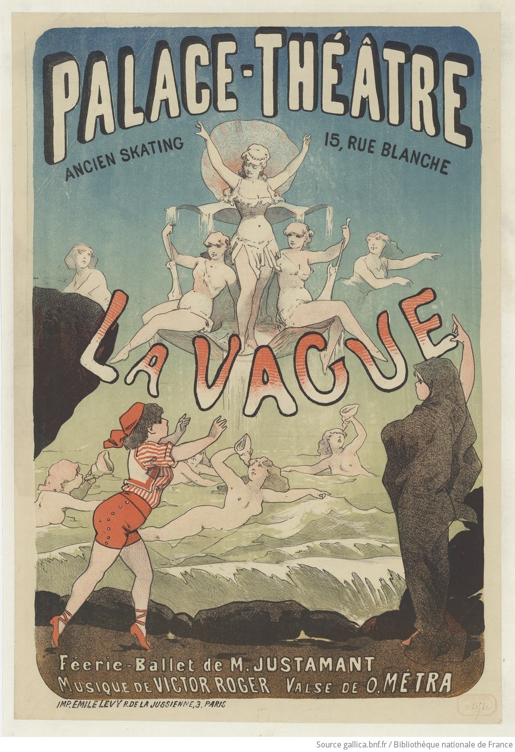 Lithographic poster for La Vague féerie-ballet showing five semi-nude women in classical poses arranged in pyramid above red lettering, with beach scene and