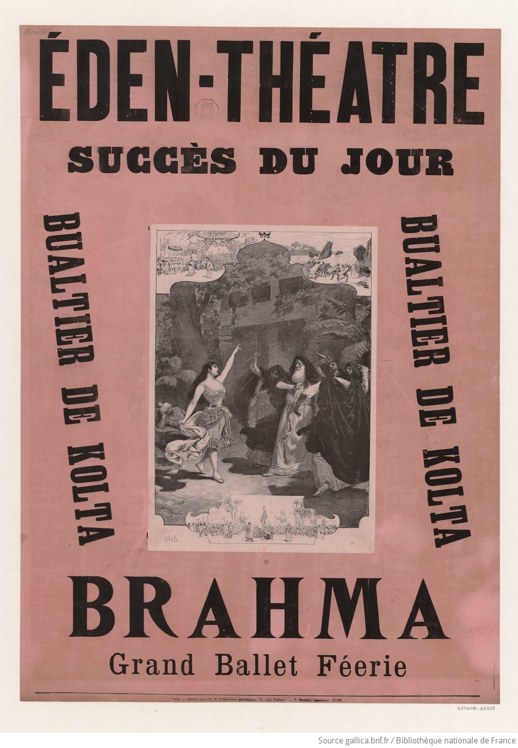 Belle Époque poster advertising ballet-féerie Brahma at Eden-Théâtre, with central engraved scene of exotic temple setting featuring carved elephant and draped