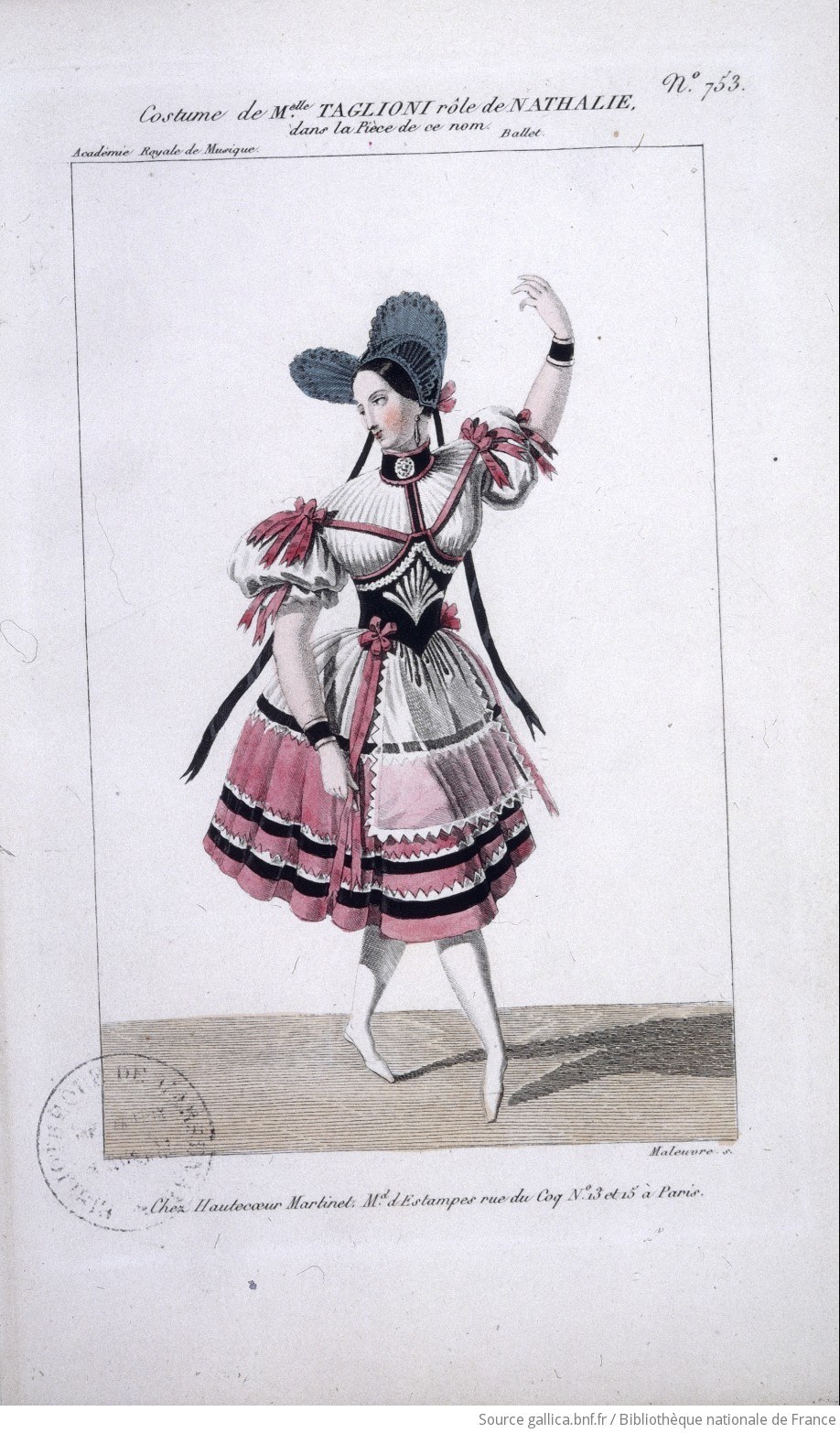 Female ballet dancer in white muslin bodice and tiered pink-and-white skirt, large fanned headdress, raised arm, pointe stance