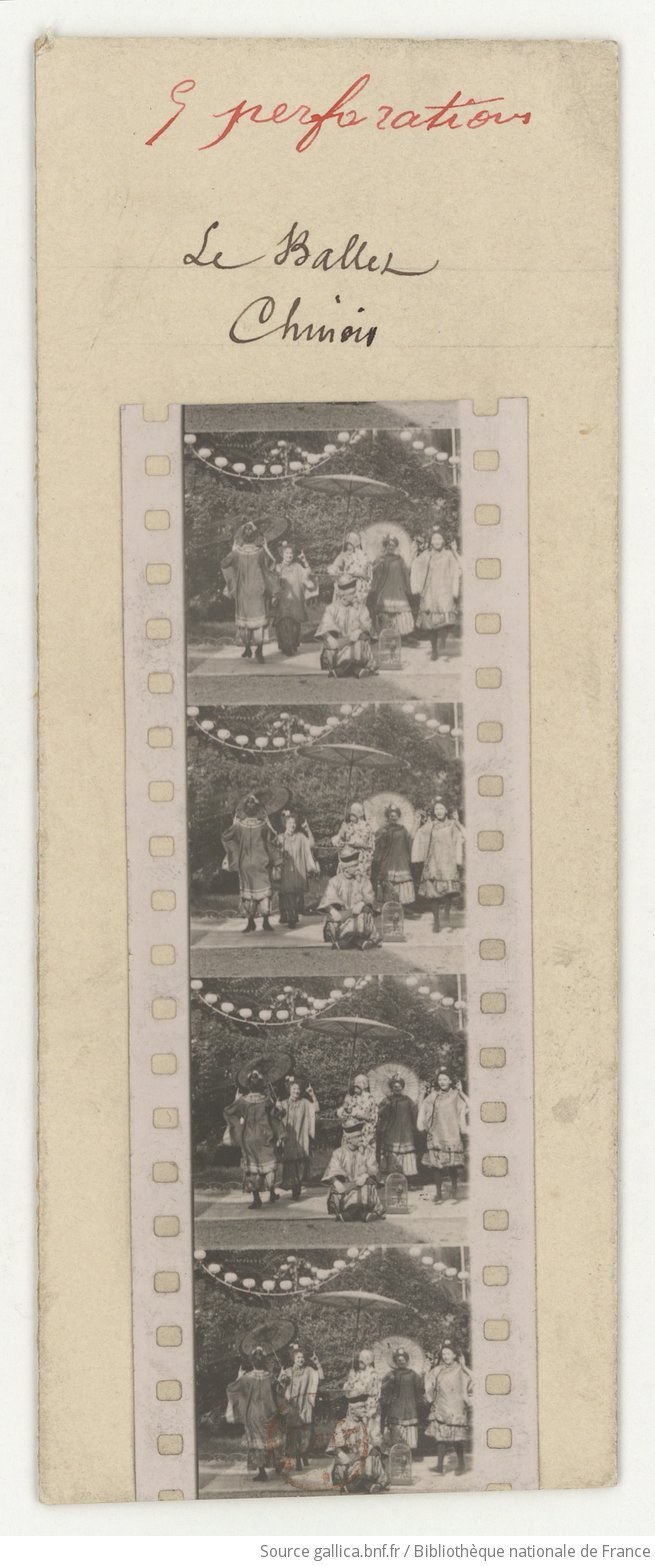 Film strip of four frames showing performers in robes arranged on a stage with flowering backdrop and beaded garland.