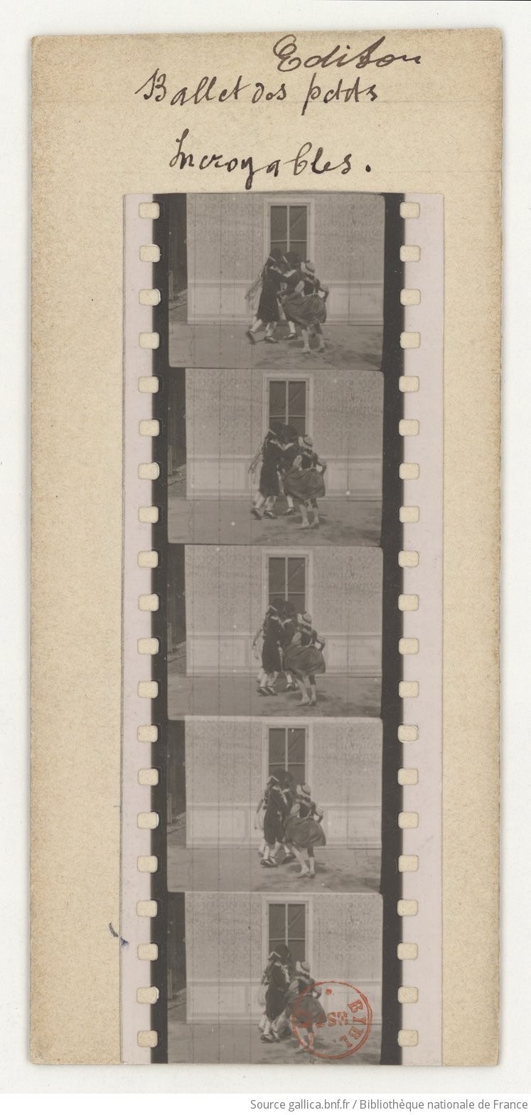 Five frames from early film showing young female ballet dancers in tutus and pointe shoes grouped in a studio.