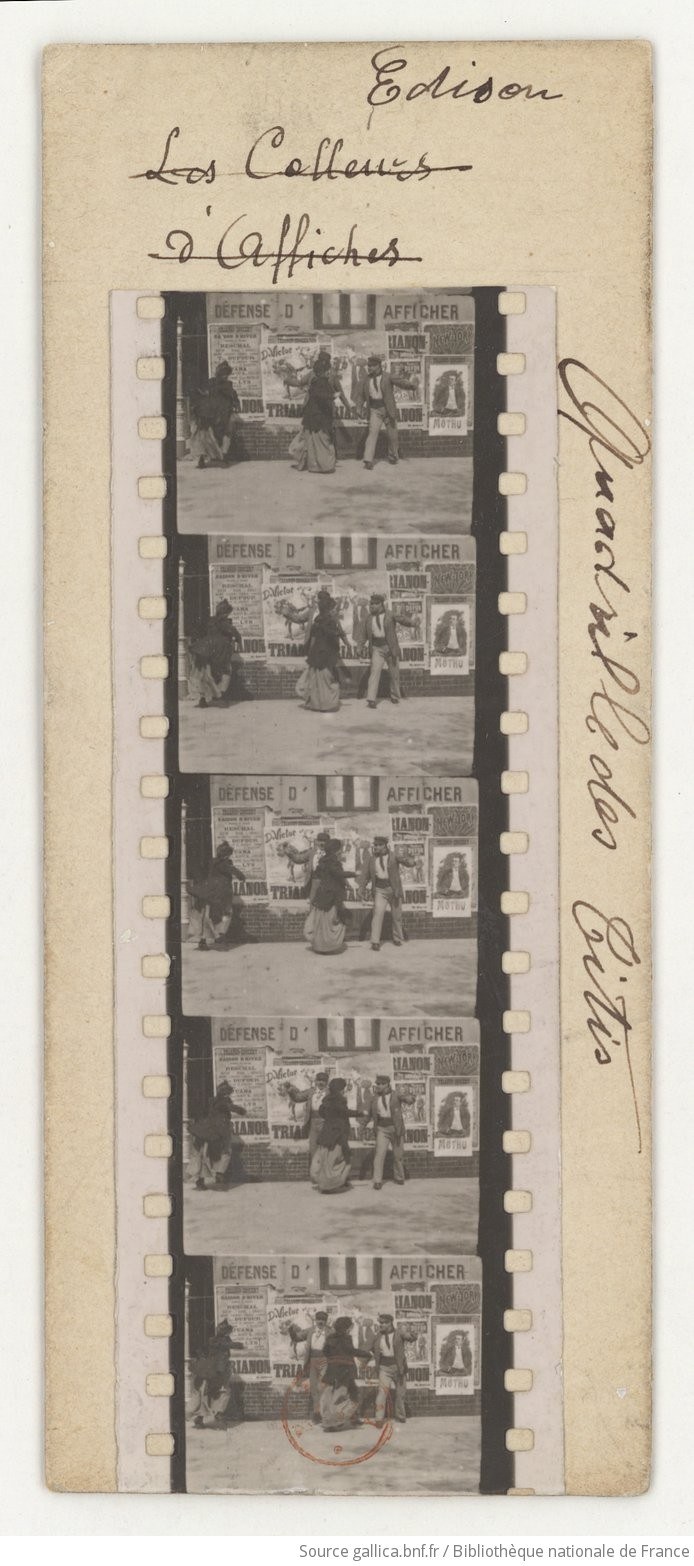 Five frames of a motion picture showing figures in 1890s dress dancing in a Parisian street storefront scene.