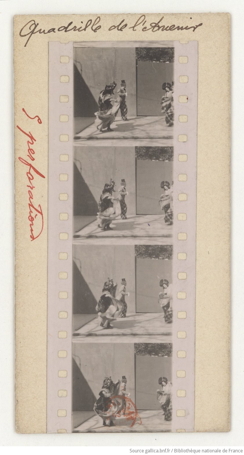 Four sequential film frames showing a woman in a full-skirted costume dancing with a small companion figure on a theatrical stage with raking light.