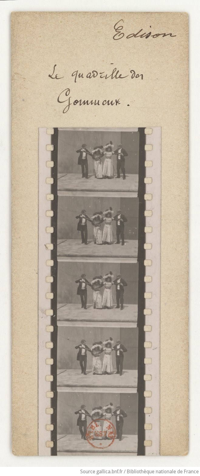 Film strip of five frames showing four dancers in 1890s formal evening dress performing a quadrille in formation on a stage.