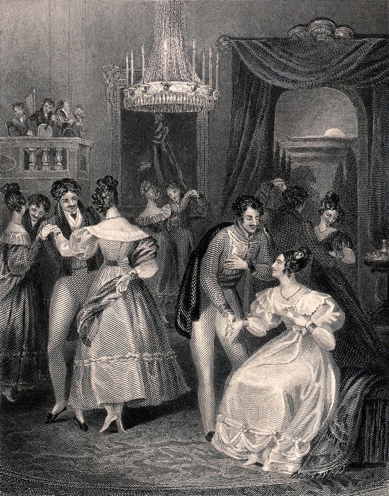 A Regency-era engraving of a young man inviting a seated woman to dance while couples waltz in the background.