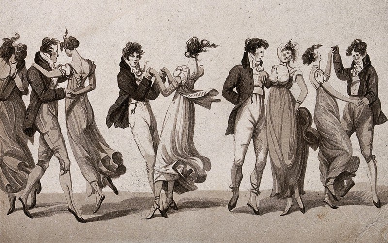 Five couples in regency dress dancing the waltz in a crowded ballroom, their bodies arched and limbs lifted in rapid turning motion.