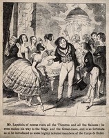 Regency-era ballroom scene with a stiffly-dressed man being introduced to a woman in pale gown; crowded assembly of figures in formal dress and bonnets.