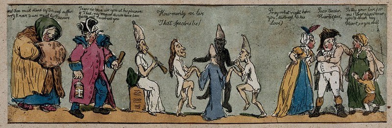 Hand-coloured etching showing three street scenes: arguing couple at left, dancing figure in white with clergy at centre, two arguing women at right.