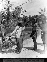 Kayan woman stepping forward with extended leg, holding and manipulating leafy branch in both hands before her body, outdoors.