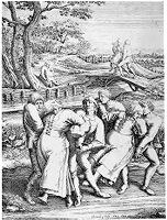Engraving of a chaotic outdoor scene with dozens of figures, many twisting and collapsing, others watching; trees and buildings in background.
