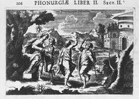 Engraved scene of couples dancing indoors in a columned palace hall, in 1670s aristocratic dress, identified as tarantella.