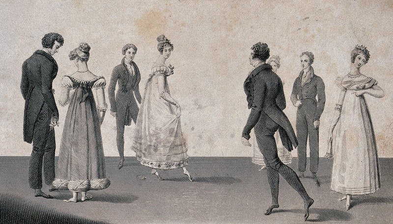 Line engraving of four couples in Regency dress arranged in ballroom formation, the opening moment of a quadrille.