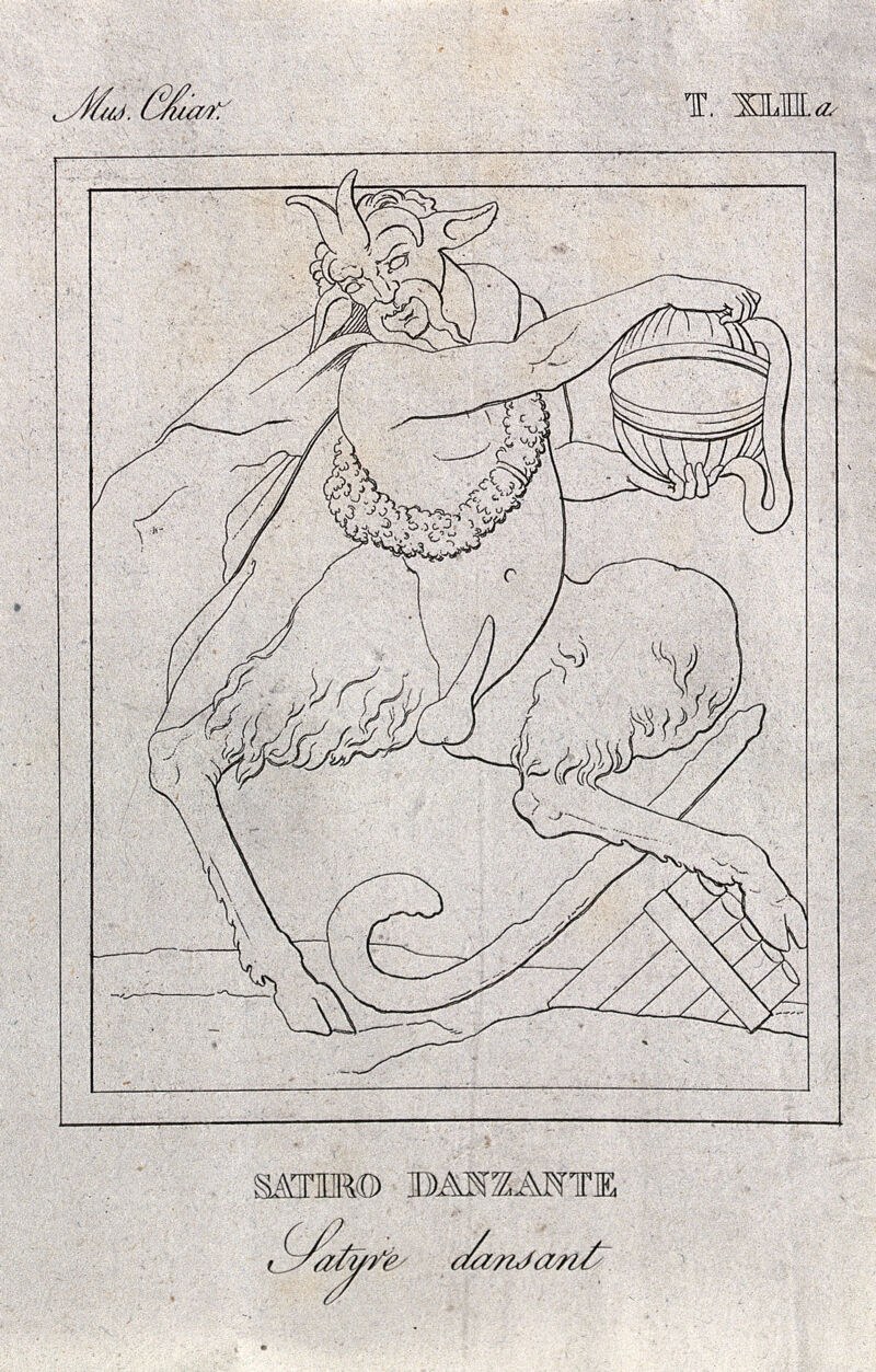 Engraving of a bearded satyr with horns and goat legs, leaning forward dynamically while holding an ornate casket, one arm extended.