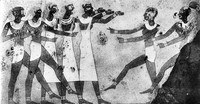 Ancient Egyptian wall painting showing six figures in profile arranged in a horizontal register, arms raised, moving left to right.