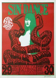 Psychedelic concert poster with a sinuous, contorted female figure in white and green against a hot orange-red background, advertising the Avalon Ballroom.