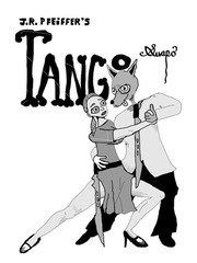 A man and woman in a closed ballroom dance hold, moving together in tango, rendered in bold black line and hatching.