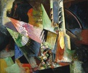 Fragmented geometric forms in orange, green, and brown suggest dancers in motion across a dark background.