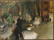 Ballet dancers in pale practice dresses scattered across a sunlit studio, some in extended positions, others resting, in warm golden and green tones.