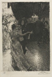 A couple in formal dress waltzes in a dimly lit ballroom; the woman's full skirt swirls as they turn in a close embrace.