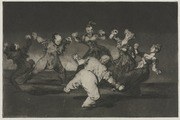 A woman in a white dress arches backward at the center of a dark, encircling crowd in this satirical print.