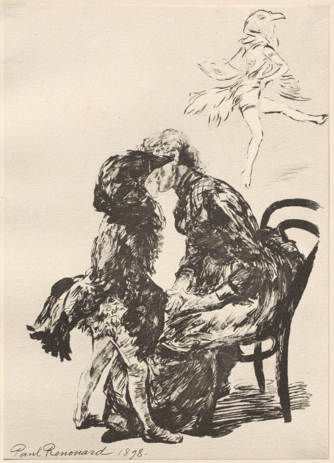A pen drawing showing a seated woman holding two small dogs aloft, with a lightly sketched ballet dancer in the upper right performing a high leg extension.