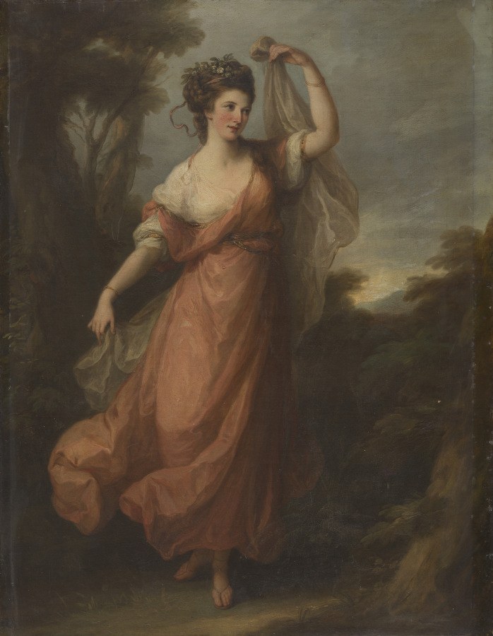 Young woman in classical white chemise and rust-colored robe, standing in contrapposto pose with one arm raised to her head, in a landscape setting.