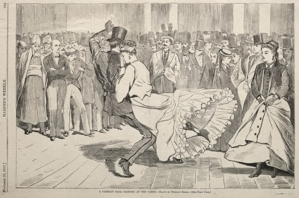 Engraving: crowded Victorian ballroom with formally dressed spectators watching a couple dance; woman leans backward in white dress, man in top hat executes a