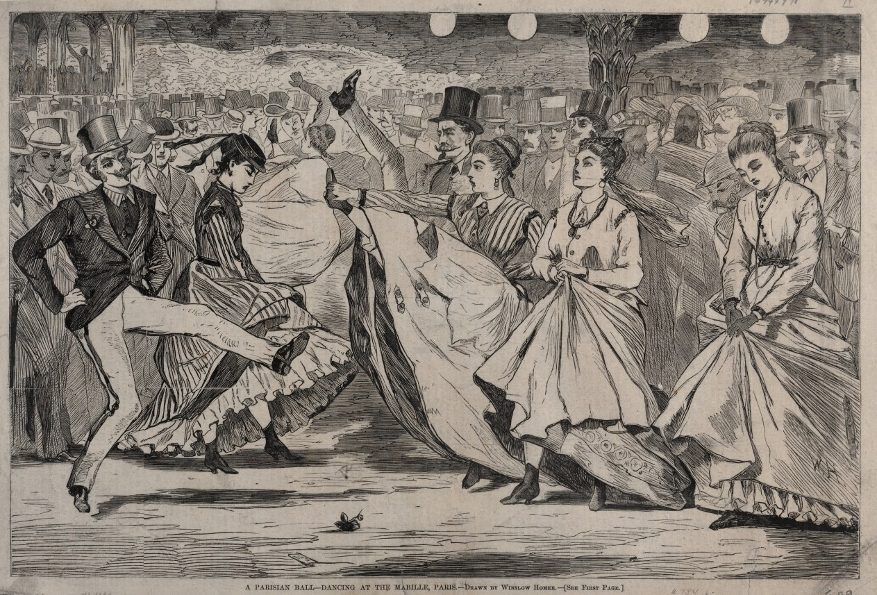 An engraved scene of a crowded Parisian ballroom where a man in a top hat and evening dress performs a high kick while elegant couples dance and socialise
