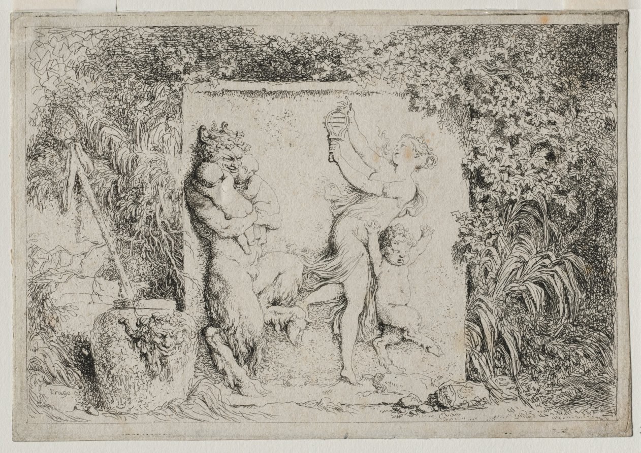 Engraving: female figure holding torch amid satyrs and putti in wooded setting, bodies in ecstatic movement.
