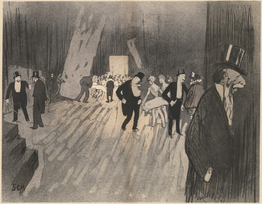 Formal crowd in evening dress gathered backstage in a dimly lit theatrical space framed by heavy curtains.