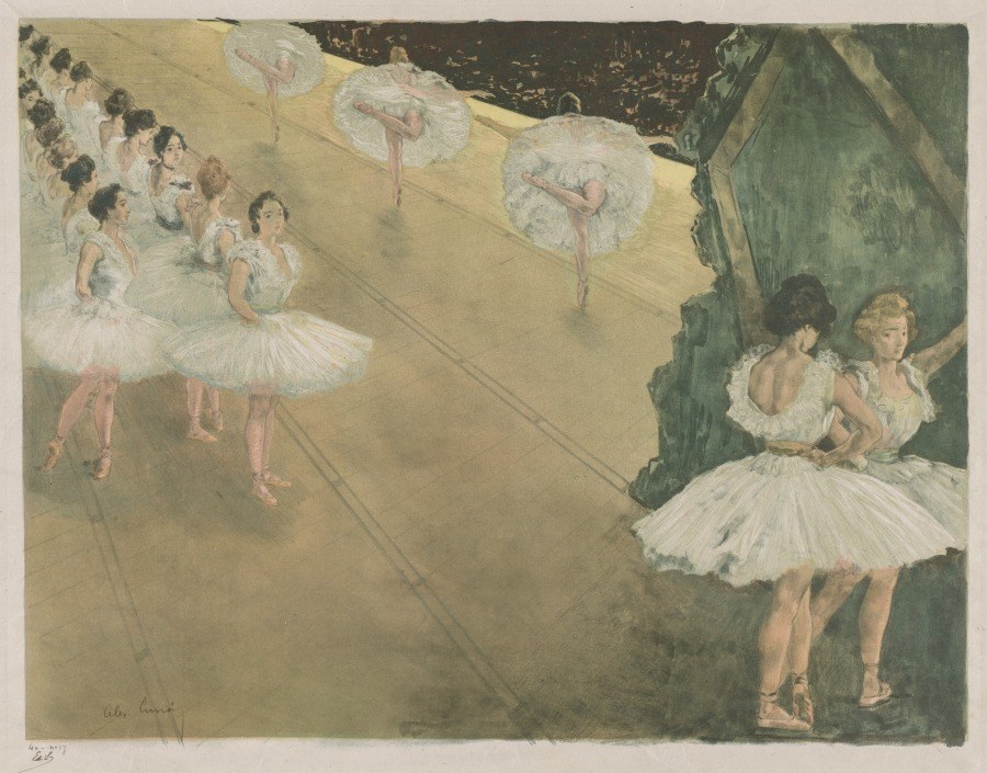 Romantic-era ballet dancers in white tutus on pointe, suspended mid-leap with raised arms, set in glowing golden light.