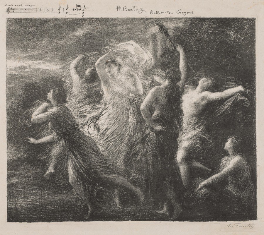 Engraving of bearded man in flowing robes dancing ecstatically, surrounded by youthful putti in swirling composition.