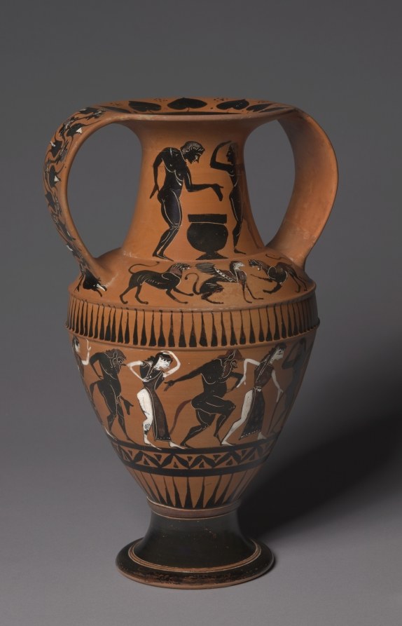 Black-figure Greek amphora with frieze of acrobatic male dancers in various inverted and extended poses around the vessel body.