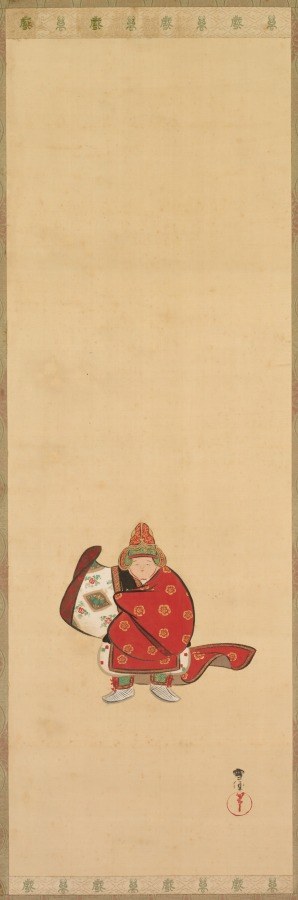Japanese painting of a Bugaku dancer in red patterned robe and tall headdress, holding a fan, standing formally centered on pale cream ground.