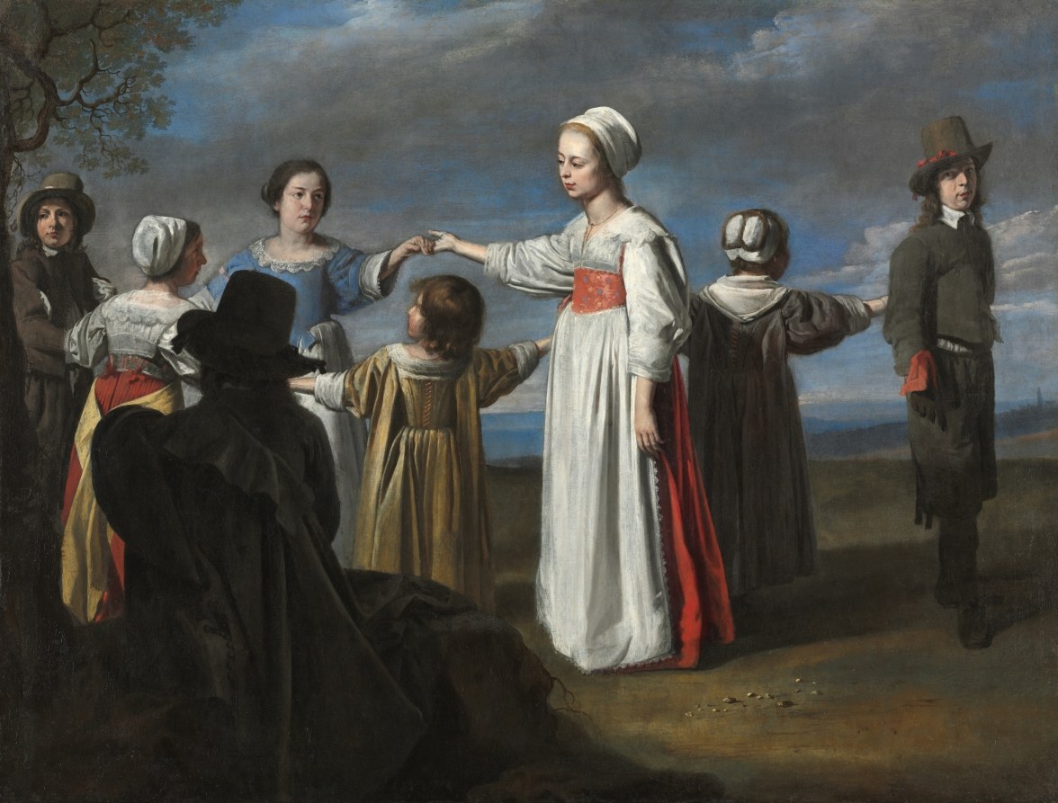 Woman in white dress with raised arms teaches or blesses a group of children in a rural landscape.