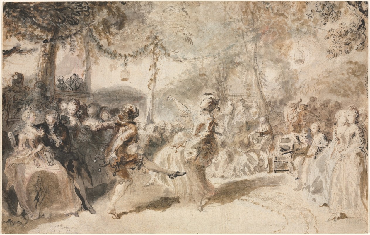 Delicate drawing of costumed figures dancing in a formal garden beneath trees strung with lanterns, with spectators watching from a raised platform on the left.