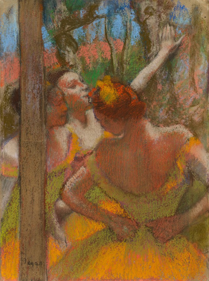 Woman in long orange skirt reaches upward through dark tree trunks in soft, warm-toned painting.