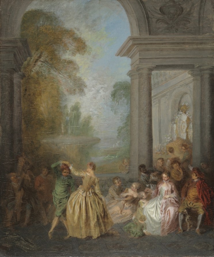 Eighteenth-century rococo painting: elegantly dressed figures perform a formal dance beneath a classical stone pavilion in a luminous garden setting.