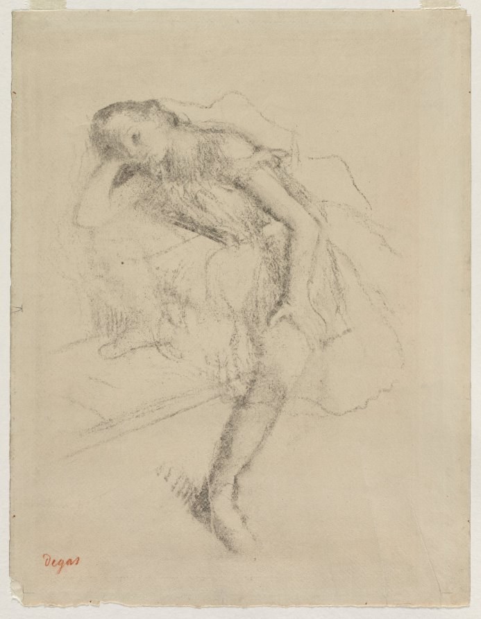 Graphite sketch of a female ballet dancer in attitude derrière, weight on one leg with the other lifted behind, torso folded forward.