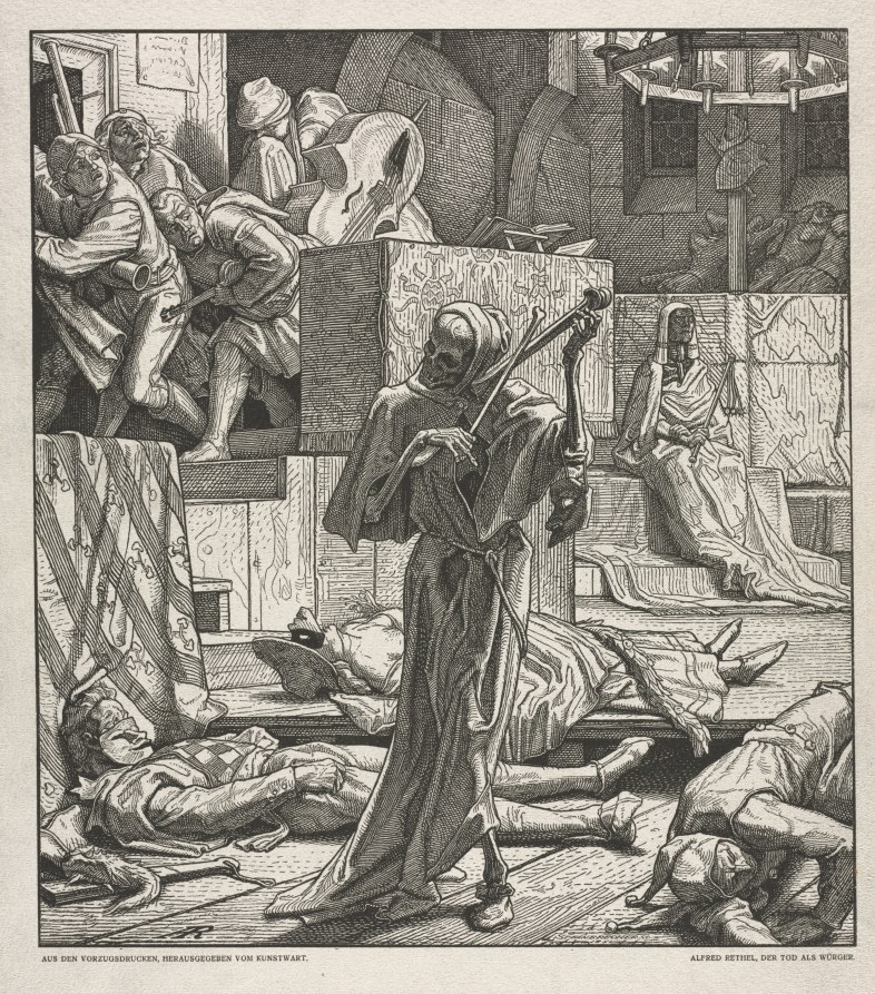 Engraving showing a skeletal Death figure commanding a chaotic scene of dancing and collapsed figures across multiple architectural spaces.