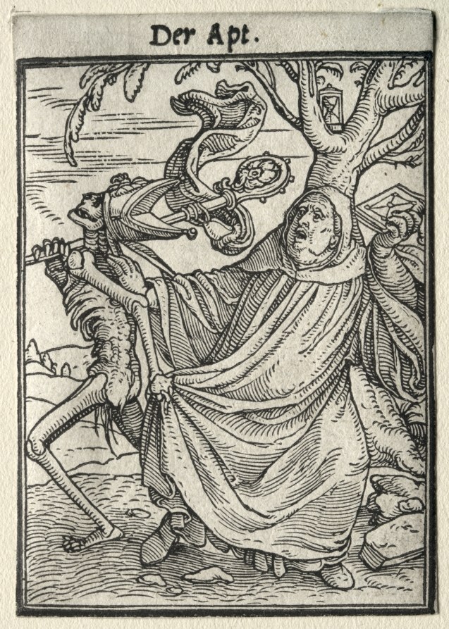 A skeleton in robes plays a pipe, gesturing to an abbot in ecclesiastical dress who stands frozen before it.