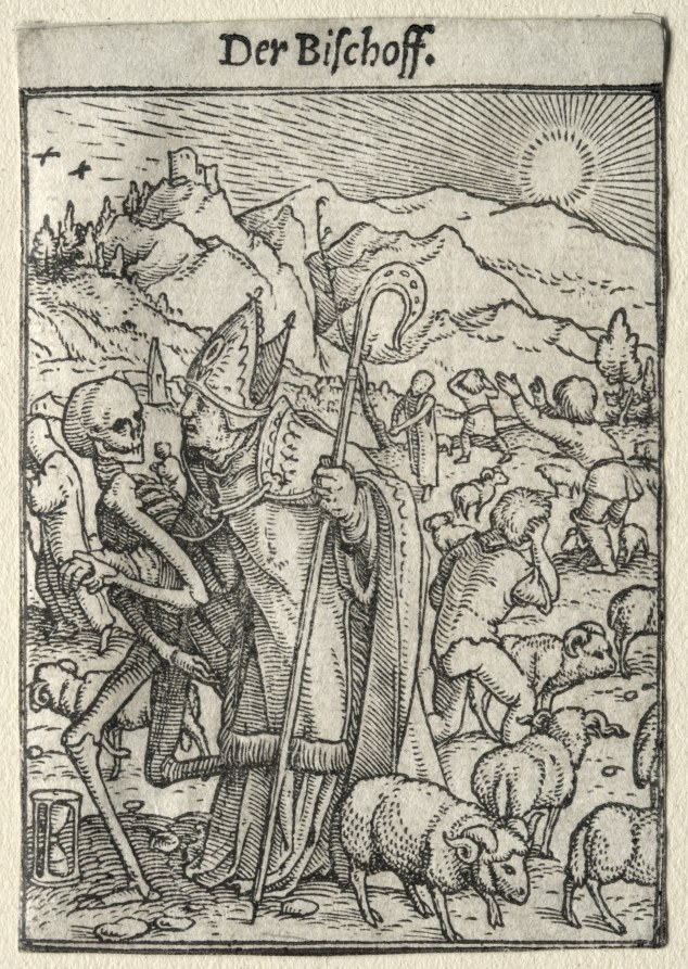 Engraving of a bishop in full liturgical vestments surrounded by skeletal death figures and living people in a mountainous landscape.