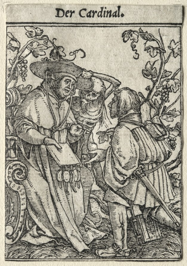A cardinal in red robes and hat dances with a grinning skeleton amid grapevines in a Renaissance woodcut.
