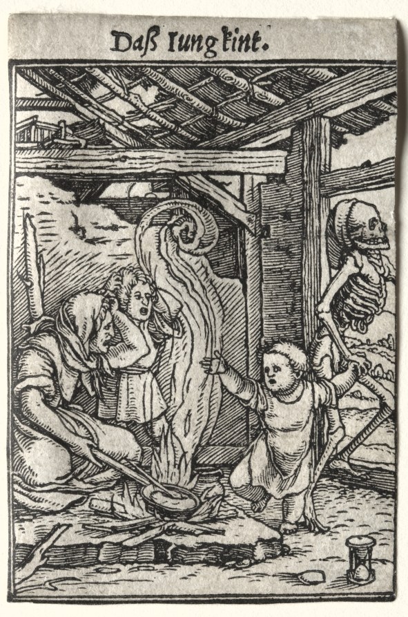 Woodcut showing a skeletal Death figure confronting a kneeling woman and frightened child in a timber-framed interior.